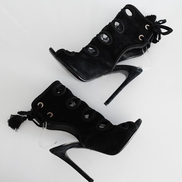 Prada Black Suede Cutout Tie-Back Ankle Peep Toe Stiletto Sandals - Picture 4 of 16